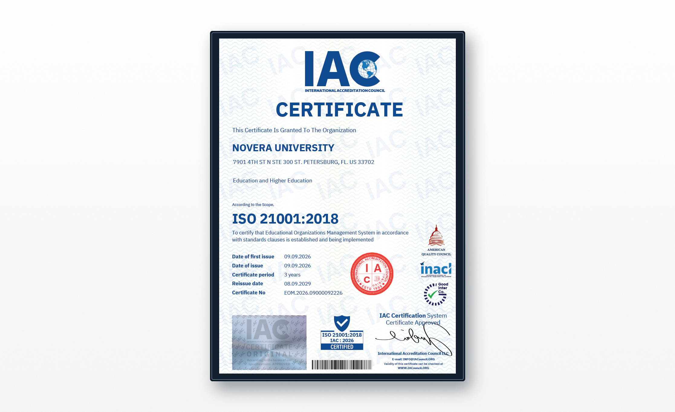 اعتماد دولي جديد لجامعة نوفيرا: ISO 21001:2018