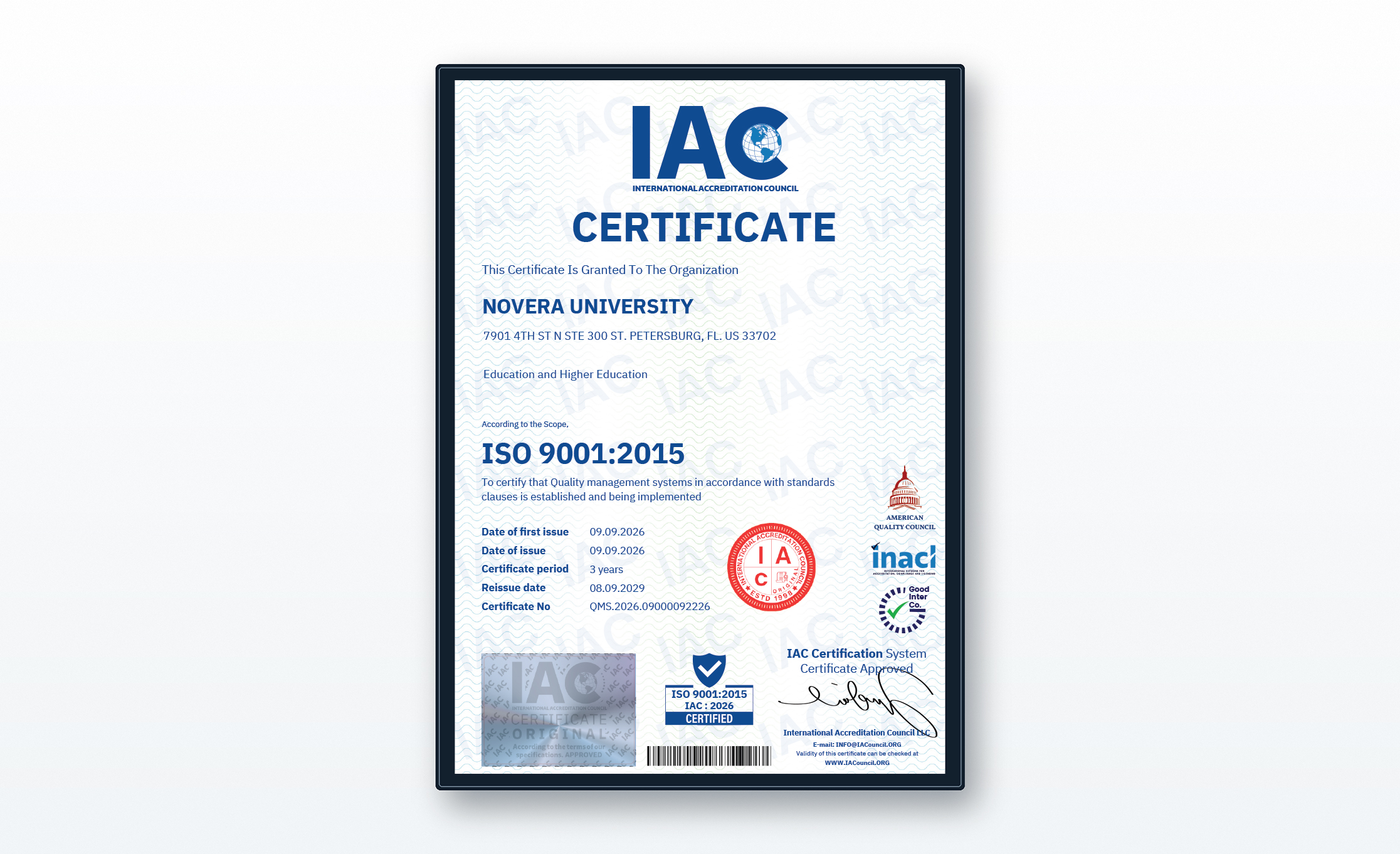 جامعة نوفيرا تحصل على شهادة ISO 9001:2015 في إدارة الجودة